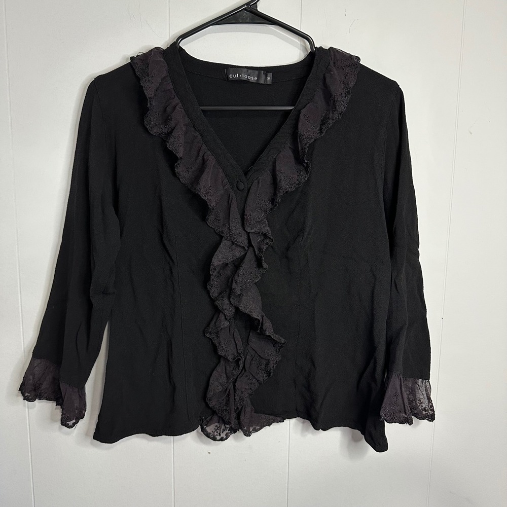 Cut Loose Black Lace Trim Ruffle V Neck Long Sleeve Blouse Women's M
